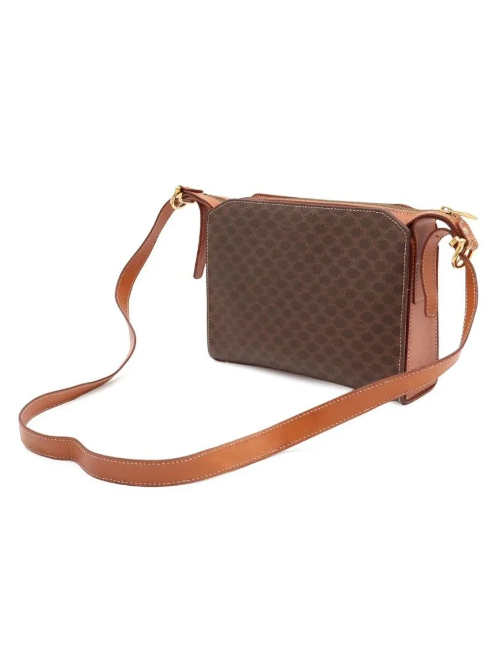 Celine Macadam Shoulder Bag Crossbody Leather Dark Brown Gold